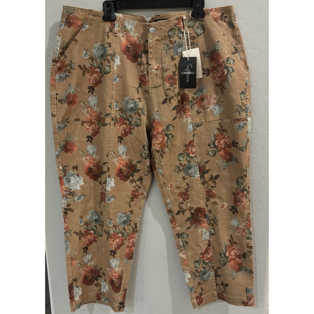 Flamingals Women Tan Floral Rose Print Cargo Stretch High Capri Pants 4XL  NWT